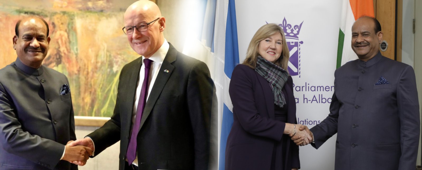 Hon'ble Speaker of Lok Sabha, India Shri. Om Birla,  greets the First Minister of Scotland Rt. Hon'ble John Swinney and Presiding Officer Alison Johnstone MSP at the Scottish Parliament, Edinburgh. 